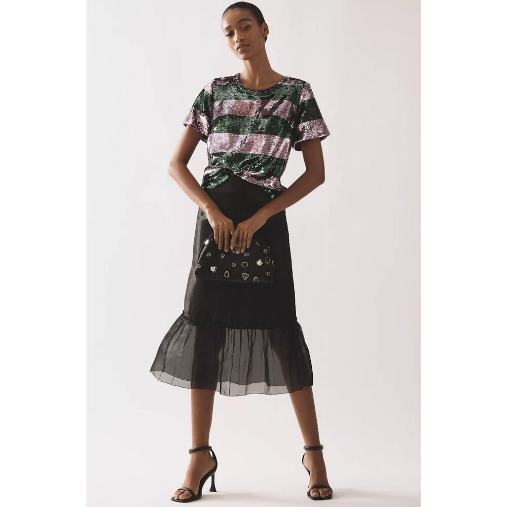 Maeve Pink and Green Sequin Stripe Short Sleeve Top - Picture 2 of 12